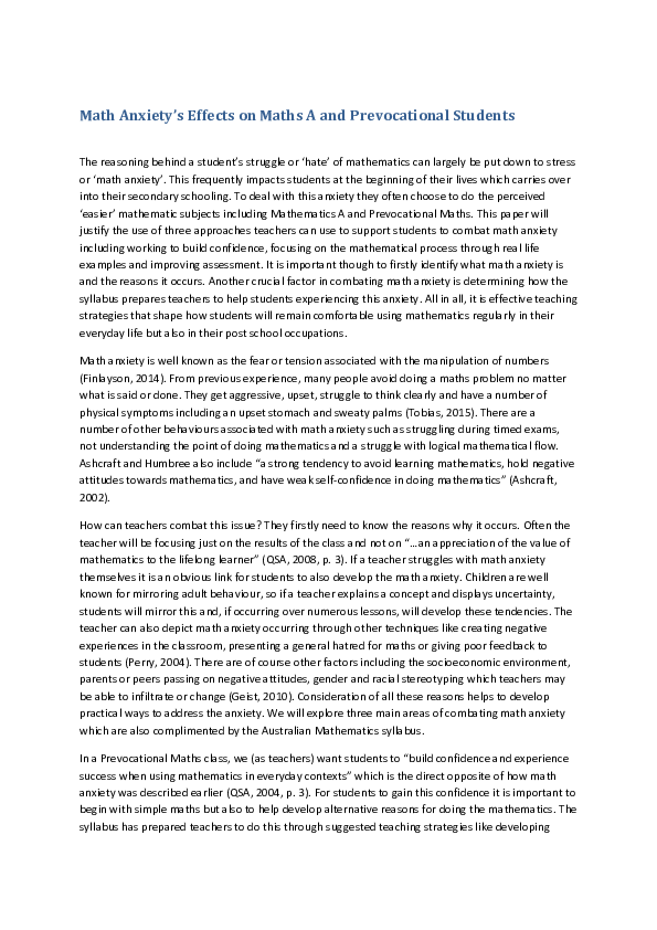 (PDF) Math Anxiety’s Effects on Maths A and Prevocational Students