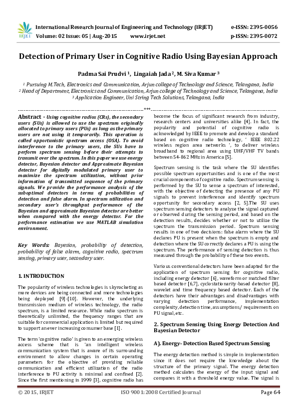 (PDF) IRJET-Detection of Primary User in Cognitive Radio Using Bayesian ...