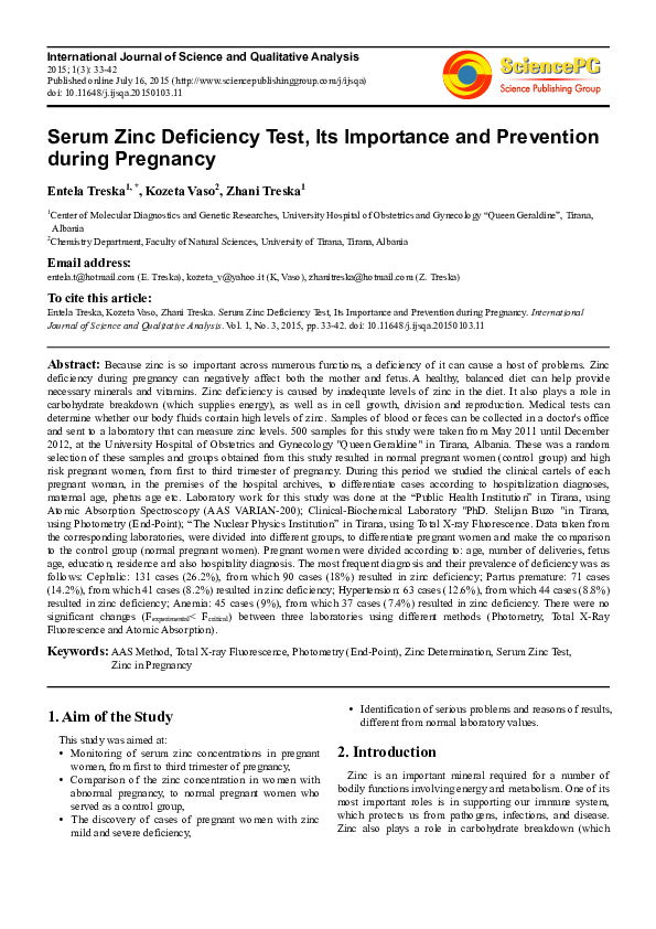 (PDF) Serum Zinc Deficiency Test, Its Importance and Prevention during