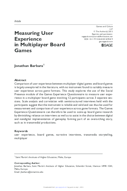 (PDF) Measuring User Experience in Multiplayer Board Games