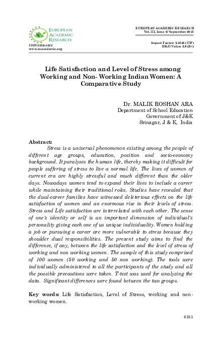 (PDF) Life satisfaction and level of stress among working and non ...
