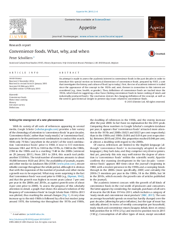(PDF) Convenience foods what, why and when Peter Scholliers