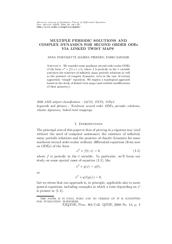 (PDF) MULTIPLE PERIODIC SOLUTIONS AND COMPLEX DYNAMICS FOR SECOND ORDER ...