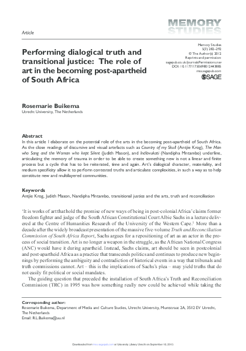 PDF) Dialogical Truth and Restorative Justice. The monumental dresses of Judith Mason and Nandipha Mntambo