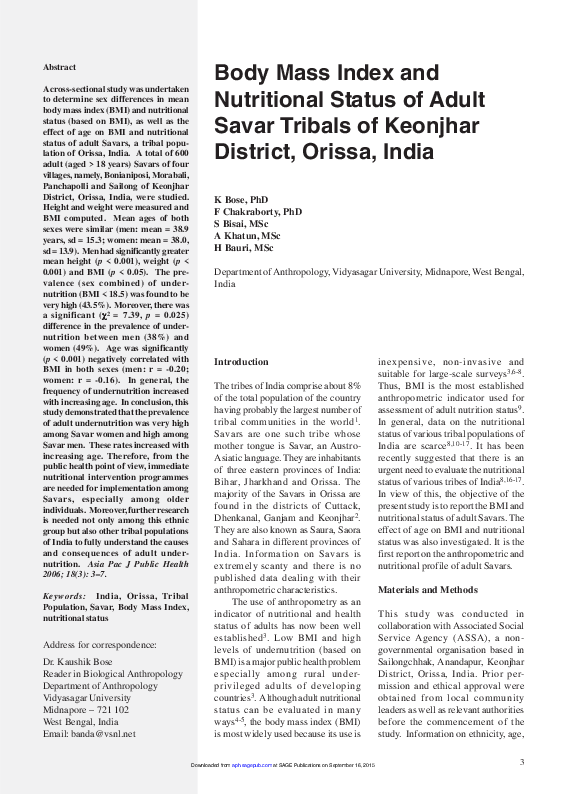 (PDF) Body Mass Index and Nutritional Status of Adult Savar Tribals of