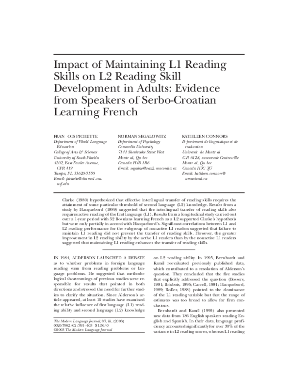 (PDF) Impact of Maintaining L1 Reading Skills on L2 Reading Skill ...