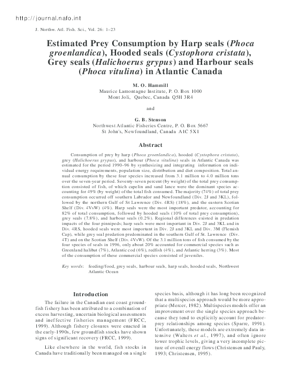 (PDF) Estimated Prey Consumption by Harp seals ( Phoca groenlandica