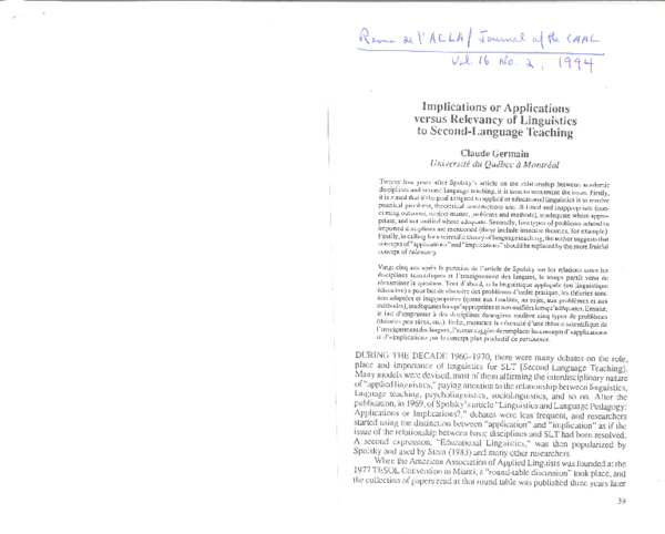 (PDF) Implications/Applications vs Relevancy Linguistics to L2 Teaching