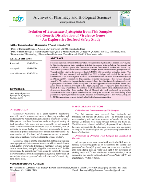 (PDF) Isolation of Aeromonas hydrophila from Fish Samples and Genetic ...