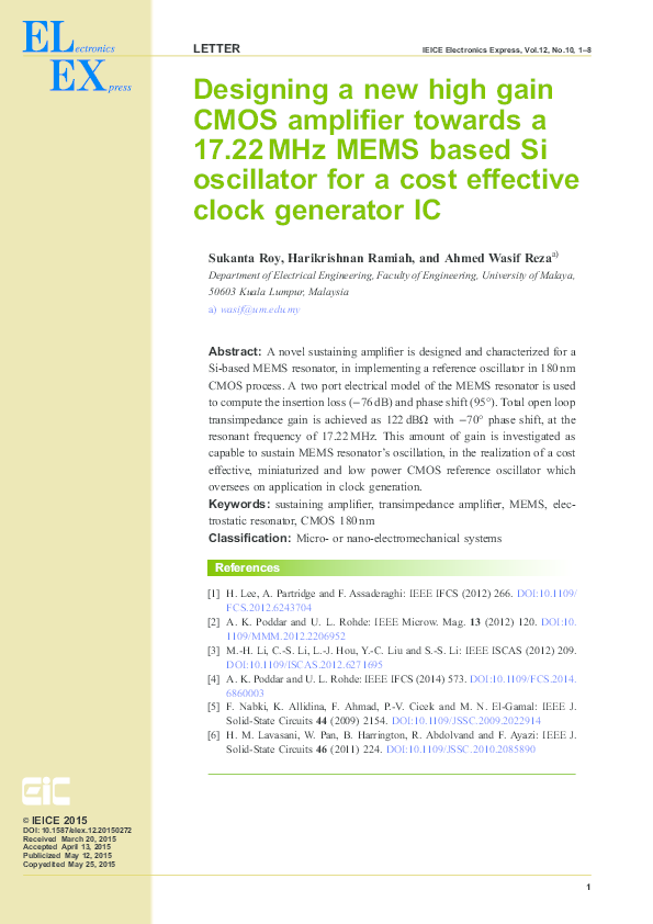 (PDF) Designing a new high gain CMOS amplifier towards a 17.22 MHz MEMS
