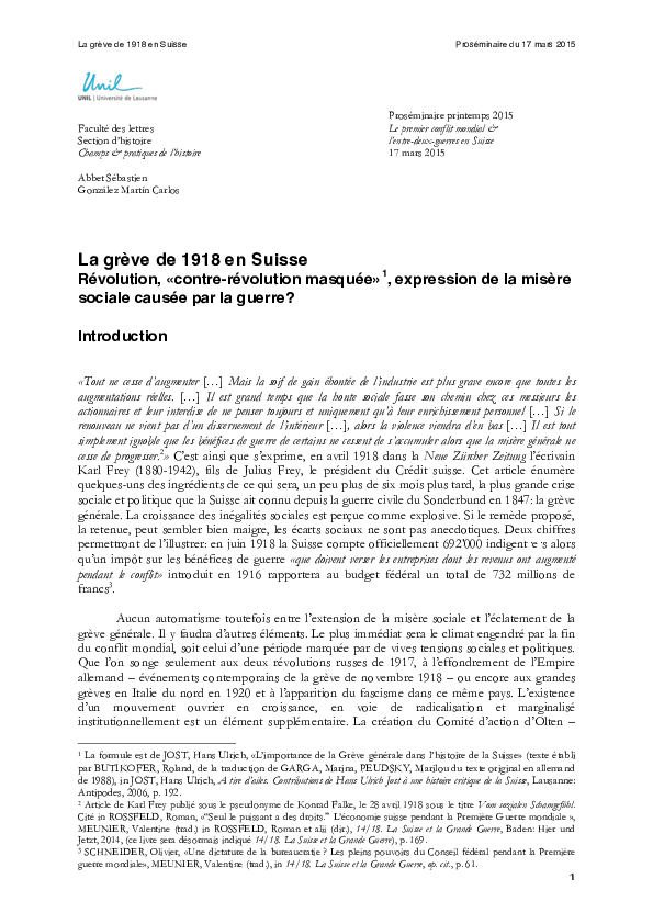 La grève générale de 1918 en Suisse Sébastien Abbet and González