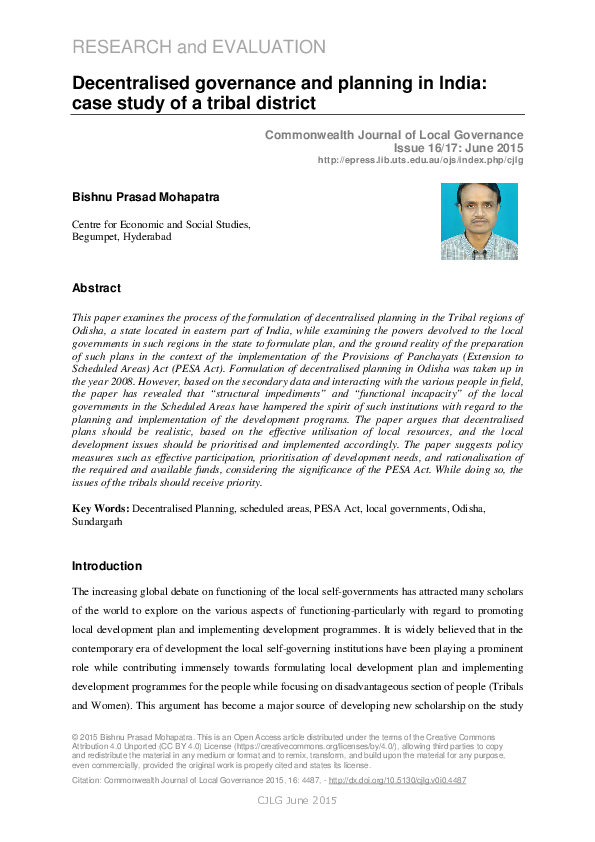 (PDF) Decentralised Governance and Planning in India-Case Study of a ...