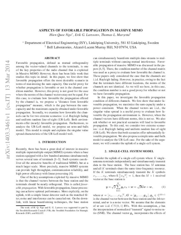 (PDF) Aspects of Favorable Propagation in Massive MIMO