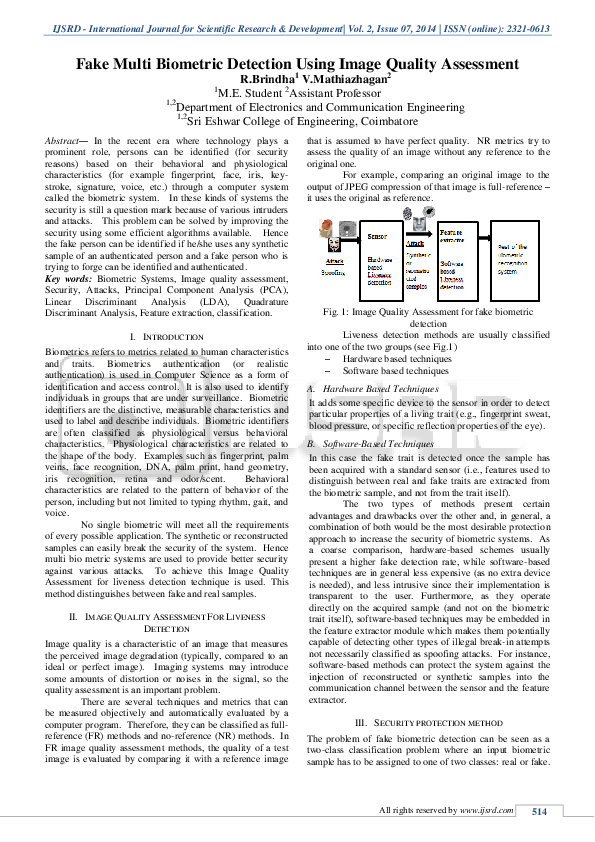 (PDF) Fake Multi Biometric Detection using Image Quality Assessment