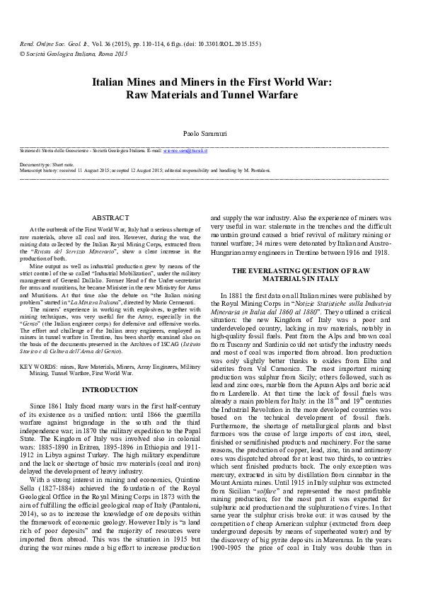 (PDF) Italian Mines and Miners in the First World War Raw Materials