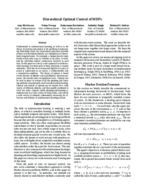 (PDF) Hierarchical Optimal Control of MDPs