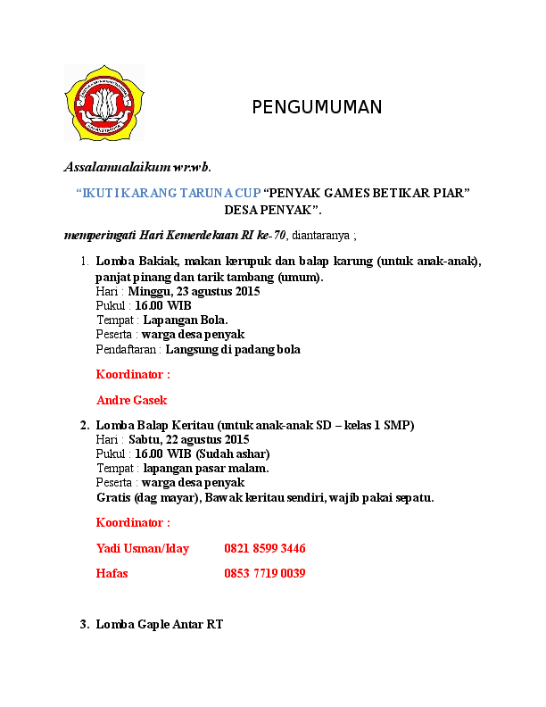Contoh Pengumuman Lomba 17 Agustus Di Kampung Gambar