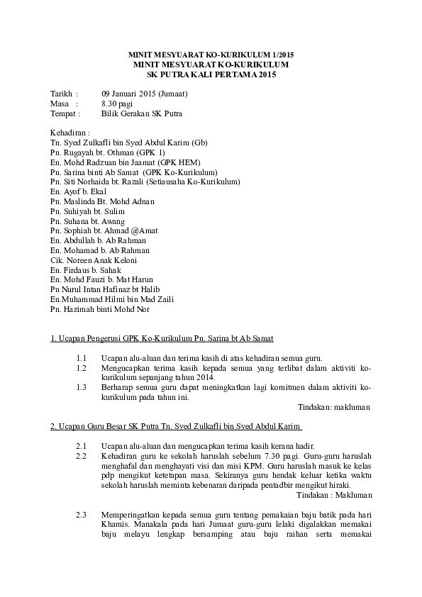 (DOC) MINIT MESYUARAT KOKURIKULUM 1/2015 MINIT MESYUARAT (DOC) MINIT MESYUARAT KOKURIKULUM 1/2015 MINIT MESYUARAT