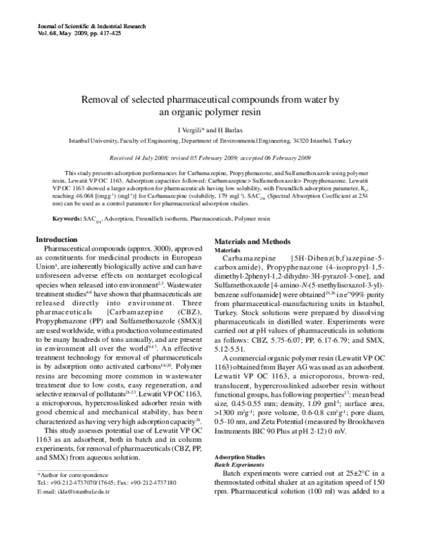 (PDF) Removal of selected pharmaceutical compounds from water by an ...