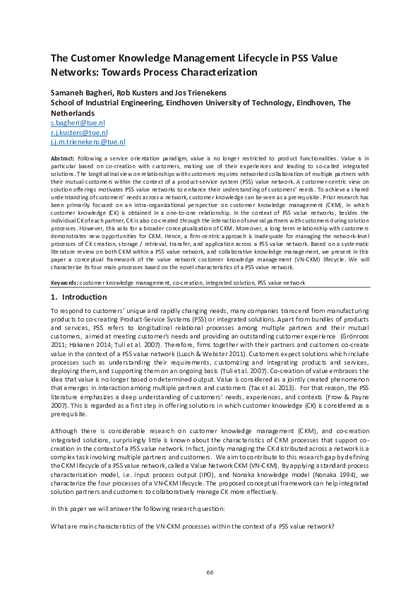 (PDF) The Customer Knowledge Management Lifecycle in PSS Value Networks ...