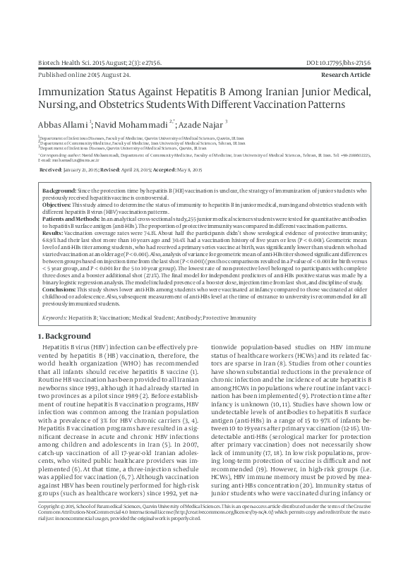 (PDF) Immunization Status Against Hepatitis B Among Iranian Junior ...
