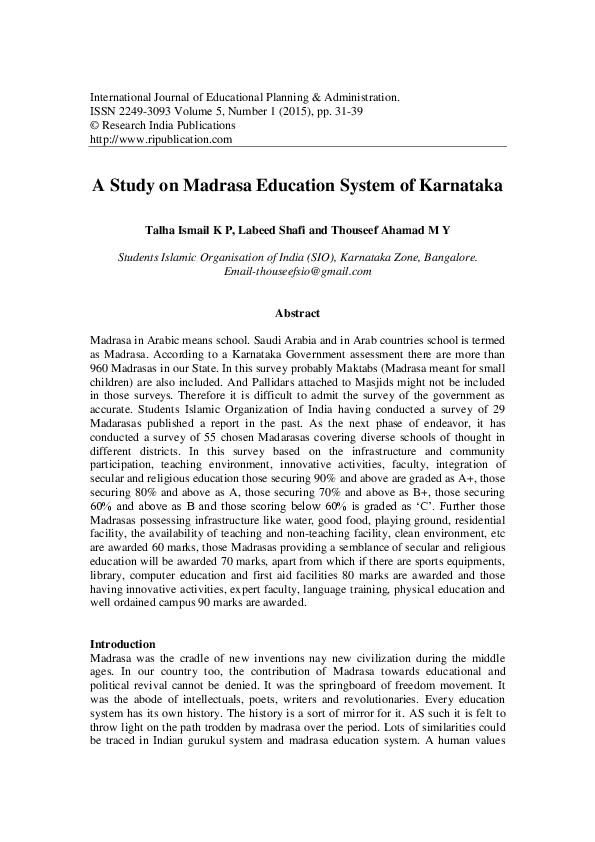 (PDF) Study on Madrasa Education System of Karnataka