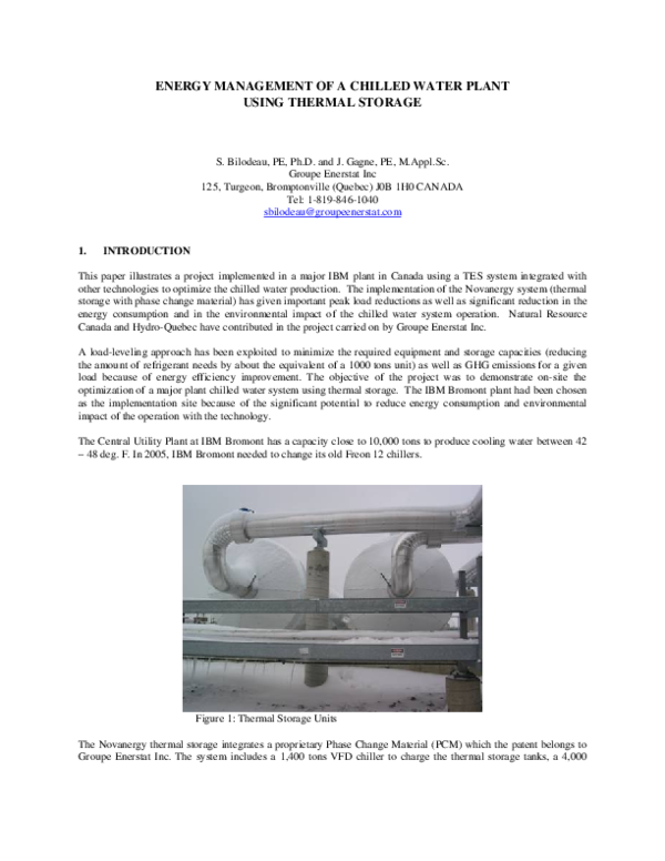 (PDF) ENERGY MANAGEMENT OF A CHILLED WATER PLANT USING THERMAL STORAGE
