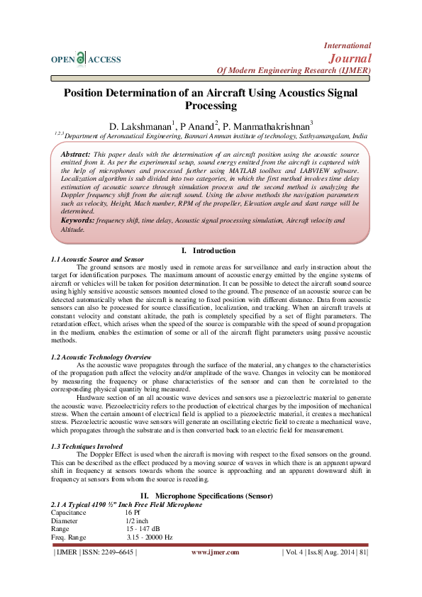 (PDF) Position Determination of an Aircraft Using Acoustics Signal