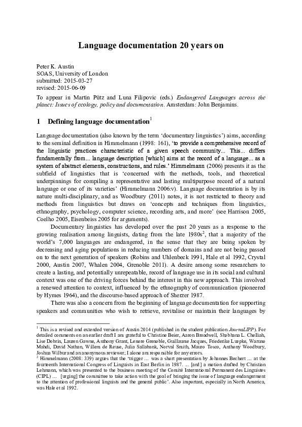 (PDF) Language documentation 20 years on