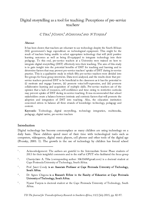 (PDF) Digital storytelling as a tool for teaching: Perceptions of pre ...