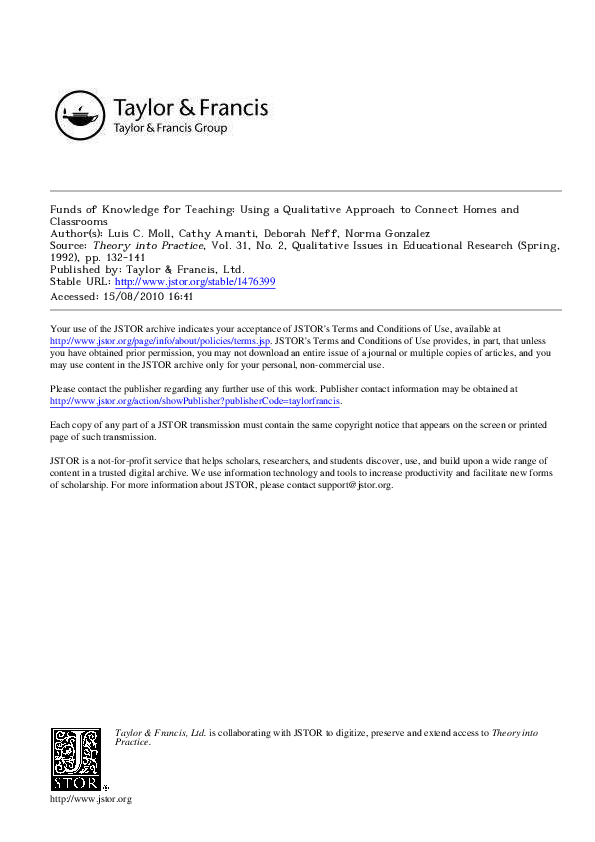 (PDF) Funds of Knowledge for Teaching: Using a Qualitative Approach to ...