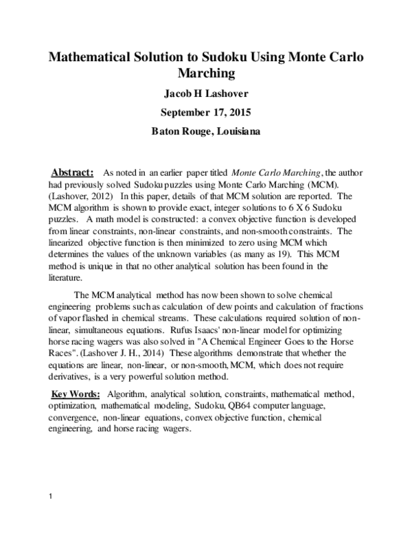 ジャック PDF) Mathematical Solution to Sudoku Using Monte Carlo Marching