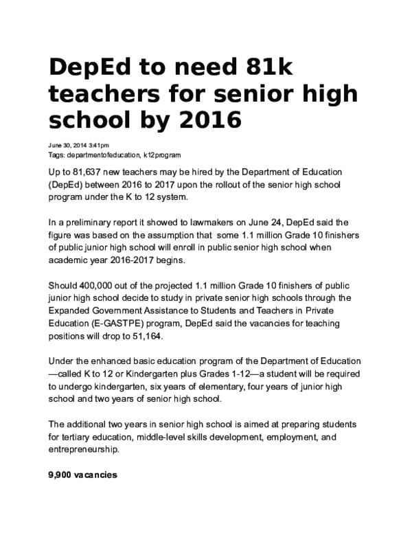 (DOC) DepEd to need 81k teachers for senior high school by 2016