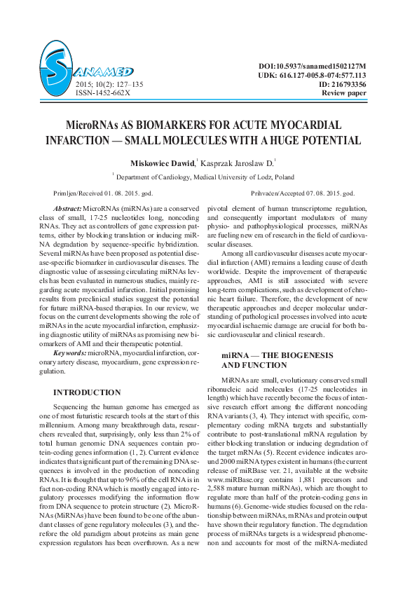 MicroRNAs AS BIOMARKERS FOR ACUTE MYOCARDIAL INFARCTION — SMALL ...
