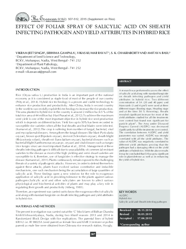 Pdf Effect Of Foliar Spray Of Salicylic Acid On Sheath Infecting Pathogen And Yield Attributes In Hybrid Rice Vikas Ravat And Vikki Ravy Academia Edu