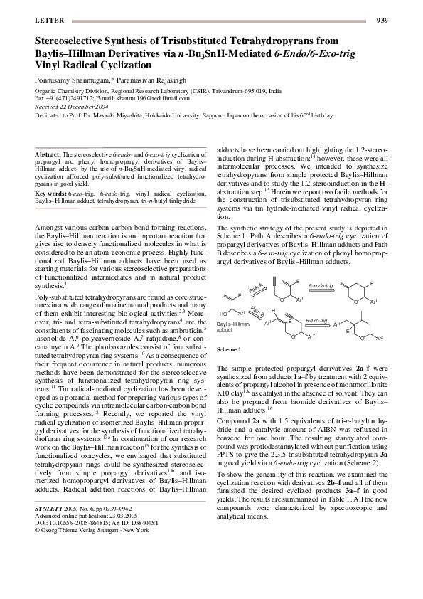 (PDF) Stereoselective synthesis of trisubstituted tetrahydropyrans from ...