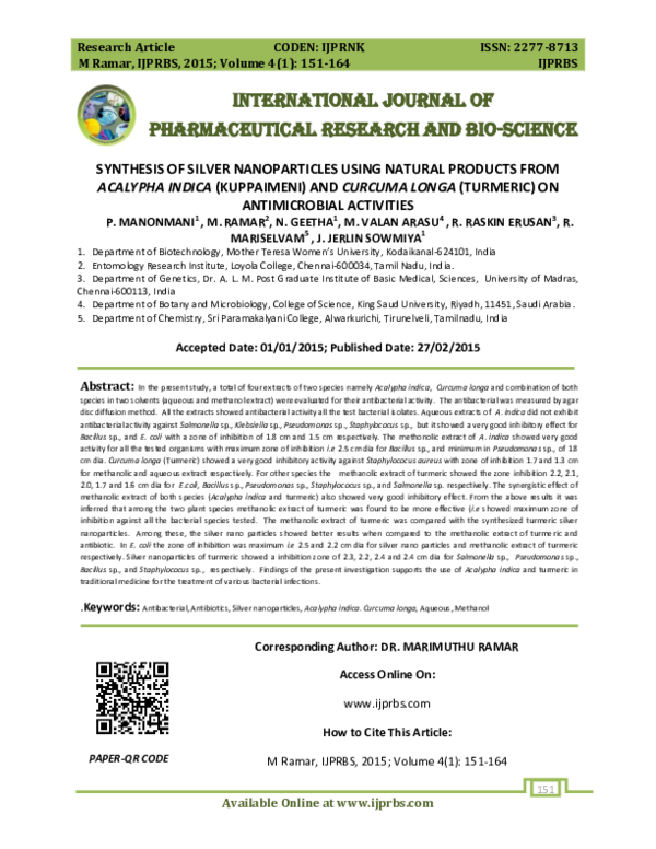 (PDF) SYNTHESIS OF SILVER NANOPARTICLES USING NATURAL PRODUCTS FROM ...