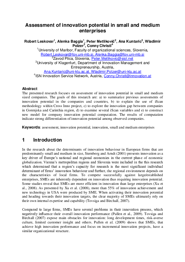 (PDF) Assessment of innovation potential in small and medium enterprises