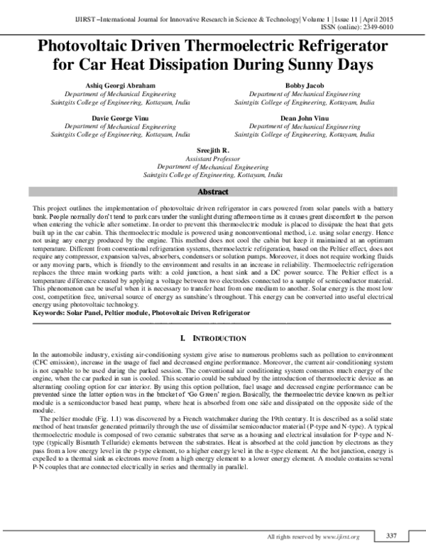 (PDF) PHOTOVOLTAIC DRIVEN THERMOELECTRIC REFRIGERATOR FOR CAR HEAT