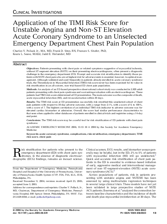 (PDF) Application of the TIMI Risk Score for Unstable Angina and Non-ST ...