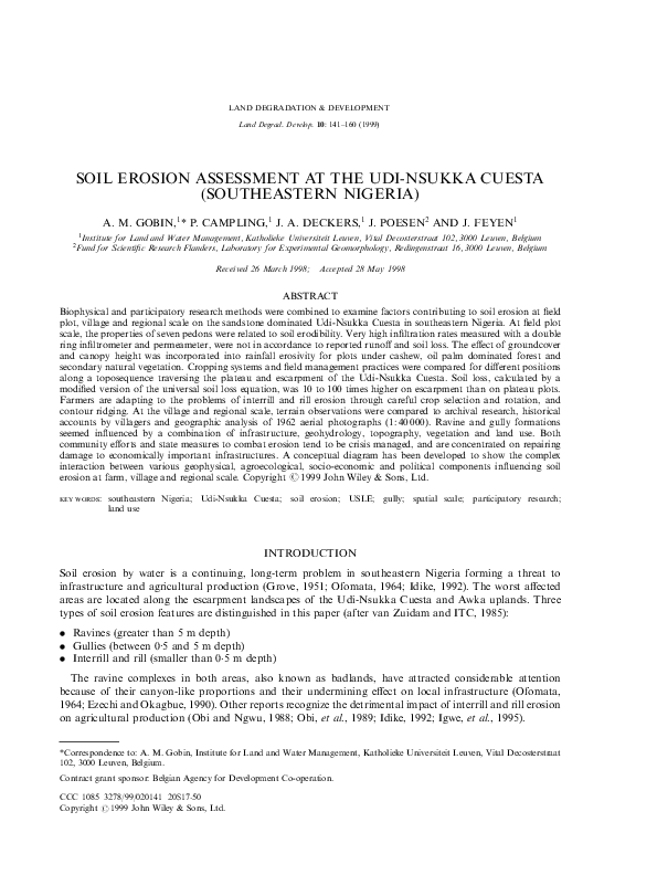 (PDF) SOIL EROSION ASSESSMENT AT THE UDI-NSUKKA CUESTA (SOUTHEASTERN ...