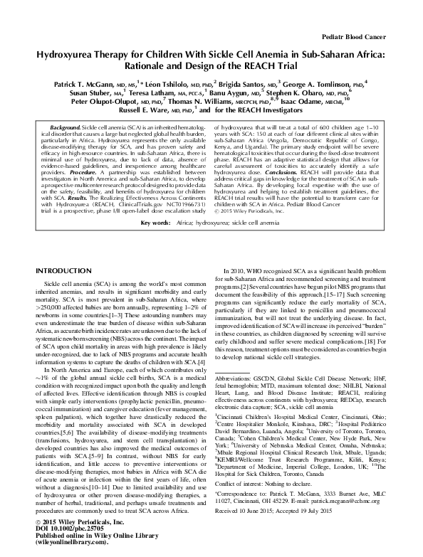 (PDF) Hydroxyurea Therapy for Children With Sickle Cell Anemia in Sub ...