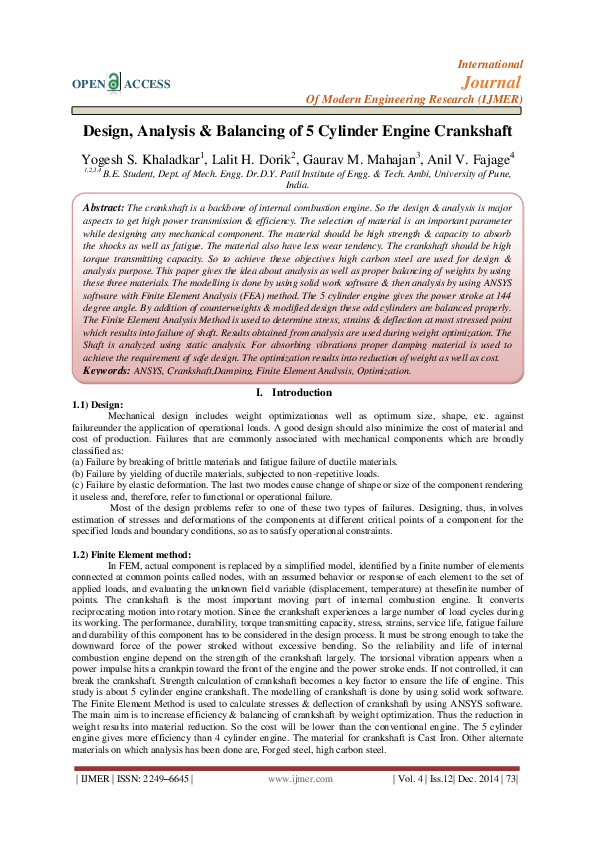 (PDF) Design, Analysis & Balancing of 5 Cylinder Engine Crankshaft