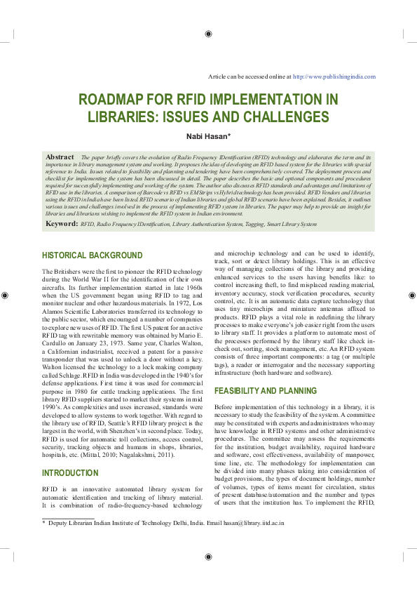 Roadmap for RFID Implementation in Libraries: Issues and Challenges