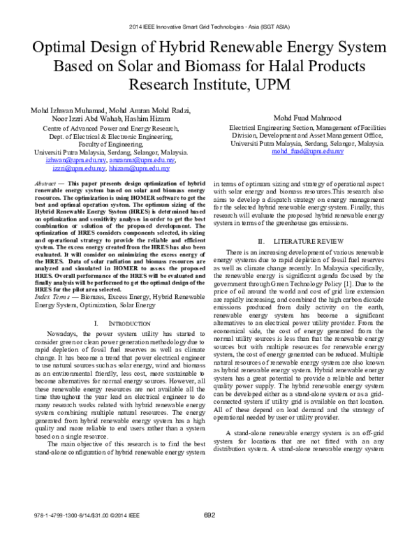 Optimal Design of Hybrid Renewable Energy System Based on Solar and ...