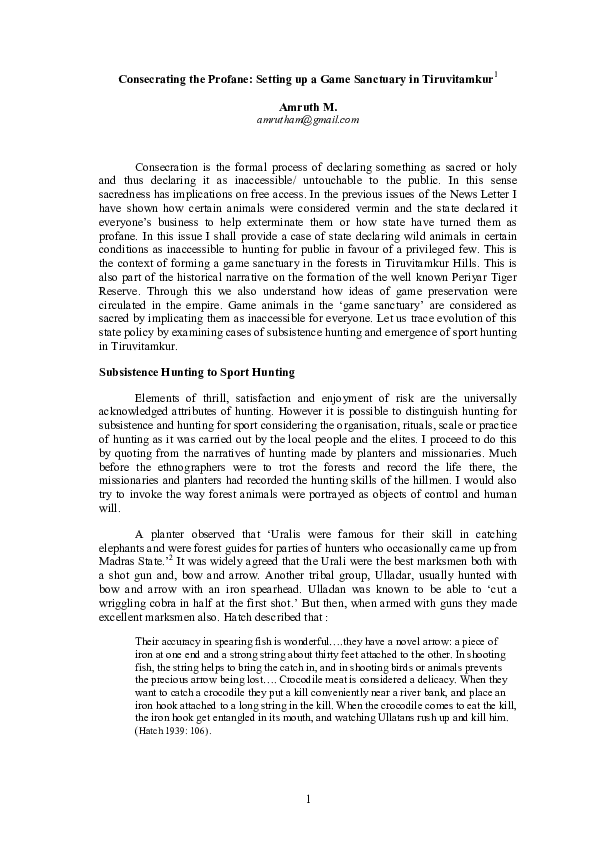 Consecrating the Profane: Setting up a Game Sanctuary in Tiruvitamkur