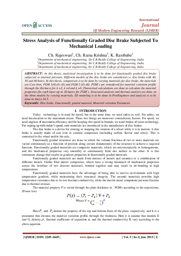 (PDF) Stress Analysis of Functionally Graded Disc Brake Subjected To ...