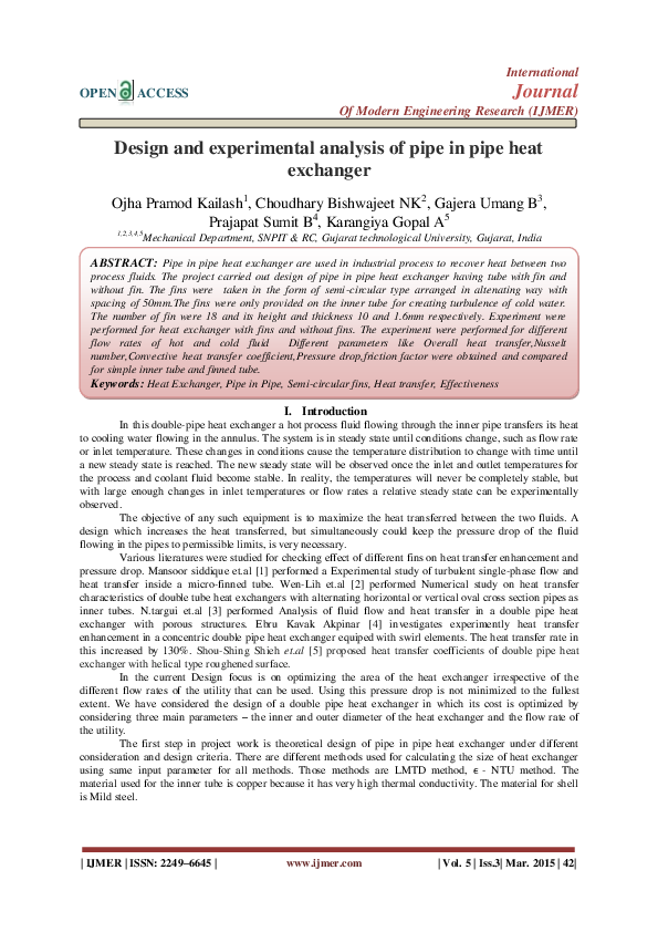(PDF) Design and experimental analysis of pipe in pipe heat exchanger