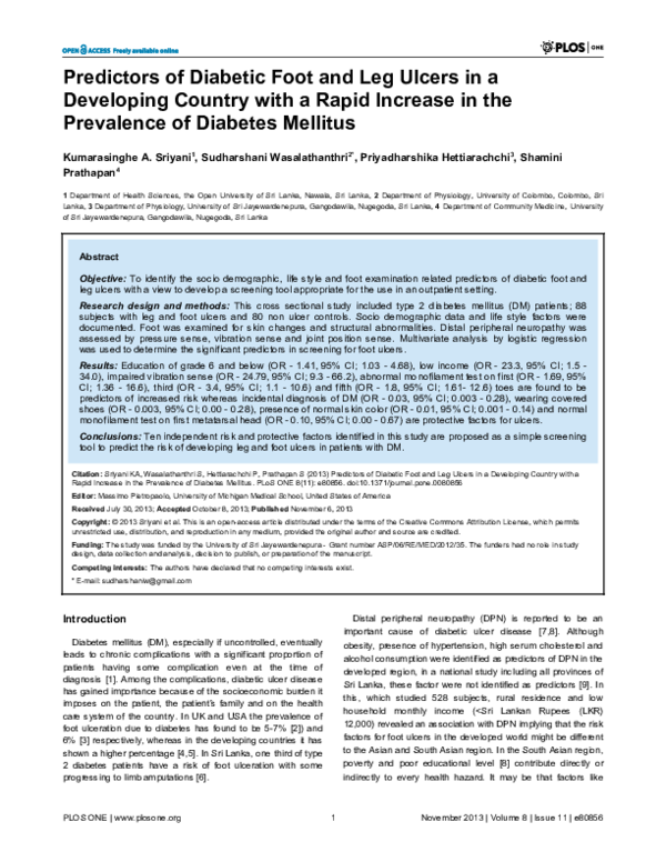 (PDF) Predictors of Diabetic Foot and Leg Ulcers in a Developing ...