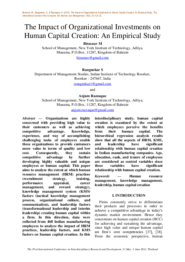 (PDF) The Impact of Organizational Investments on Human Capital ...